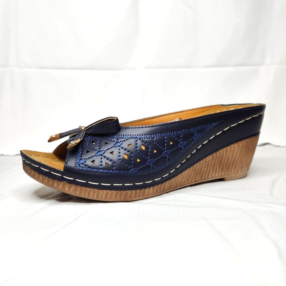 Alexis Leroy Navy Blue Comfort Open Toe Slip-On Wedge Sandals | Women's Size 40